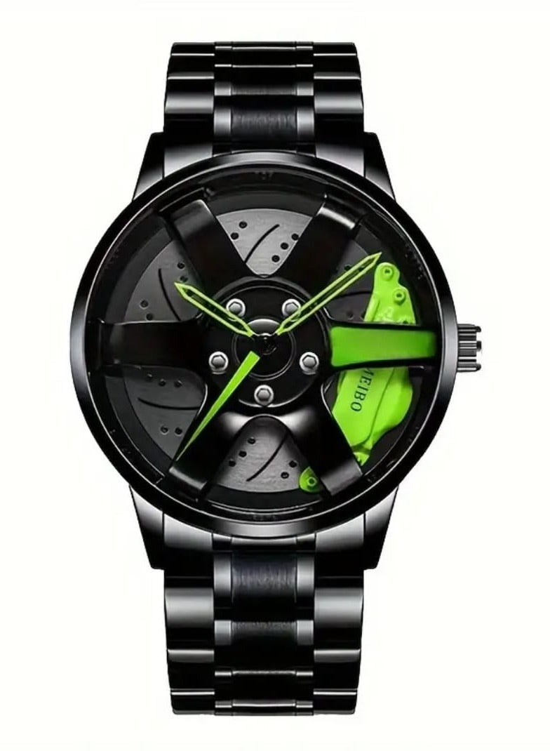 إم إي سي ساعة عجلة السيارة من الفولاذ المقاوم للصدأ، ساعة يد مقاومة للماء من الفولاذ المقاوم للصدأ كوارتز للرجال باللون الأخضر - Image 1