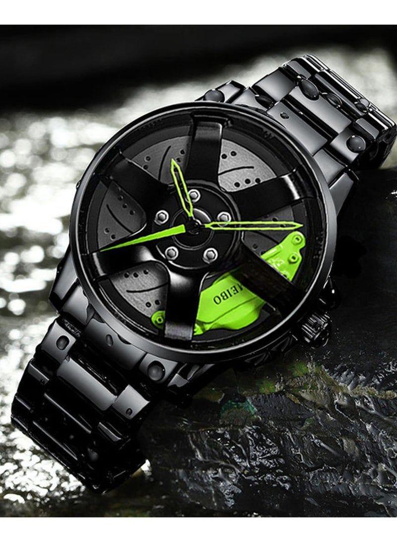 إم إي سي ساعة عجلة السيارة من الفولاذ المقاوم للصدأ، ساعة يد مقاومة للماء من الفولاذ المقاوم للصدأ كوارتز للرجال باللون الأخضر - Image 2