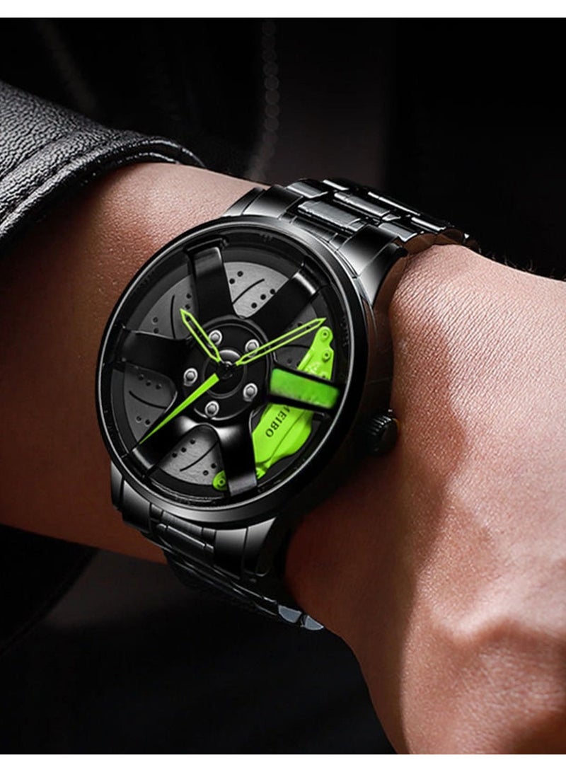 إم إي سي ساعة عجلة السيارة من الفولاذ المقاوم للصدأ، ساعة يد مقاومة للماء من الفولاذ المقاوم للصدأ كوارتز للرجال باللون الأخضر - Image 3