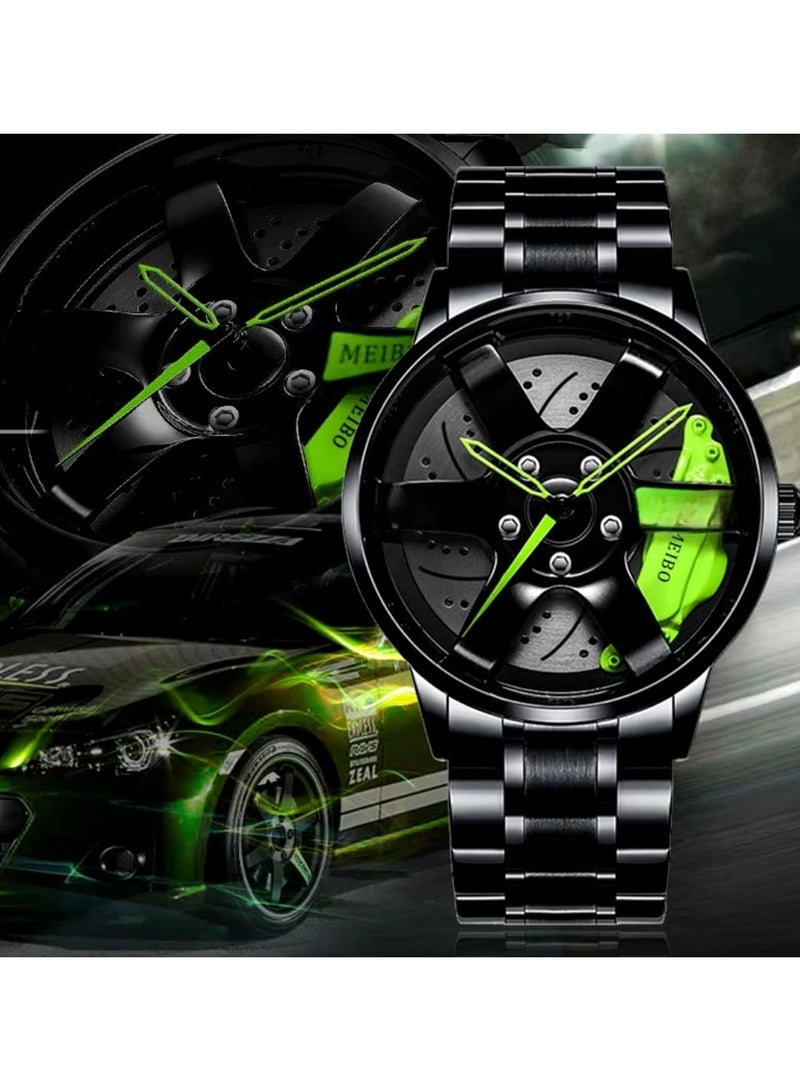 إم إي سي ساعة عجلة السيارة من الفولاذ المقاوم للصدأ، ساعة يد مقاومة للماء من الفولاذ المقاوم للصدأ كوارتز للرجال باللون الأخضر - Image 4