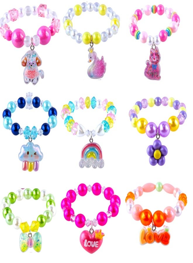 Niceup 9PCS Girls Friendship Bracelets, Elastic Beaded Charm Bracelets with Puppy, Crown, Rainbow & Heart Pendants for Princess Dress-Up, Party Favors & Classroom Rewards - Image 1