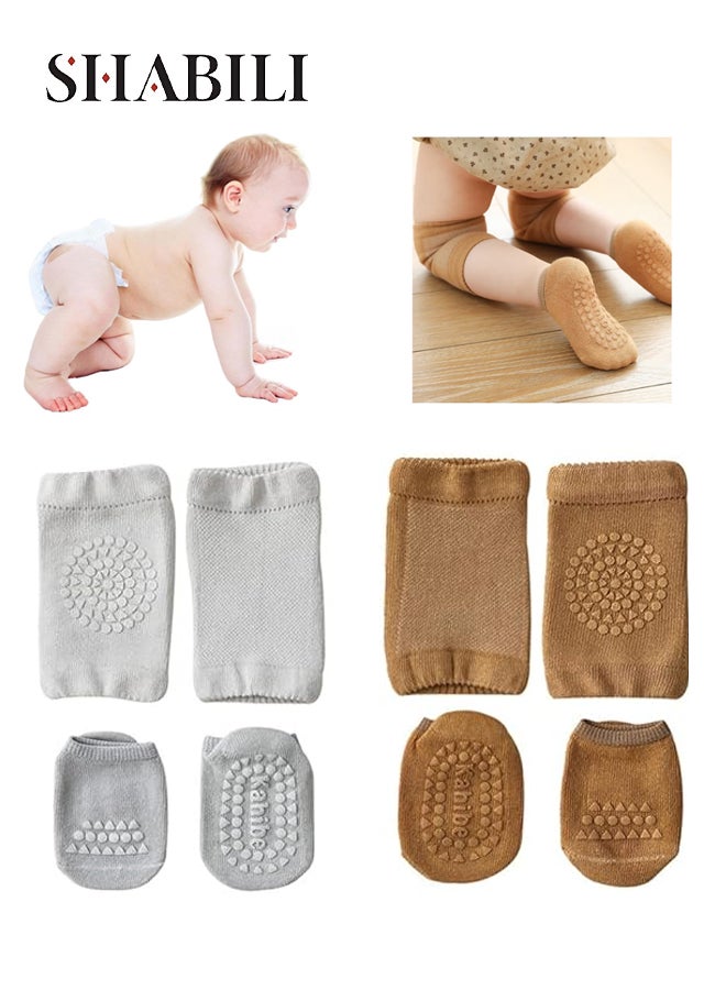 SHABILI Baby Knee Pads with Cotton Non Slip Socks Set（Gray & Coffee 2 Pack）， Baby Knee Protectors Baby Knee Sleeves Baby Knee Brace Baby Anti Slip Wear Resistant Breathable Cushion, for Crawling Playing - Image 1