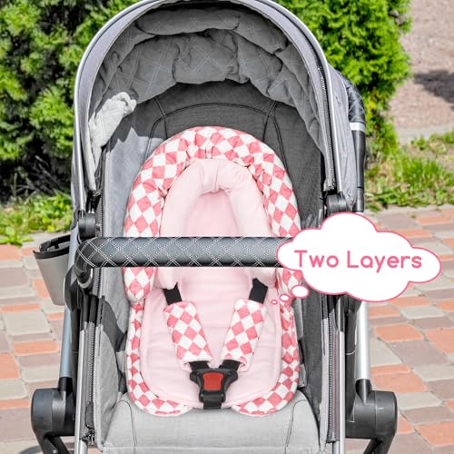 GFU Baby Car Seat Head Support for Newborn, 2 in 1 Infant Car Seat Head Body Support with Strap Pads, Soft Stroller Cushion Pillow Insert for Girls, Fits for Stroller, Swing, Pink Diamond - Image 3