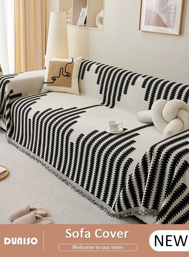 DUNISO غطاء أريكة شنيلا مزدوج الجوانب، غطاء أريكة أنيق، تصميم طباعة خطية، منشفة أريكة شنيلا مزدوجة الجوانب، غطاء أريكة شنيلا لأربعة مواسم متاح على الجانبين (130*180 سم) - Image 1