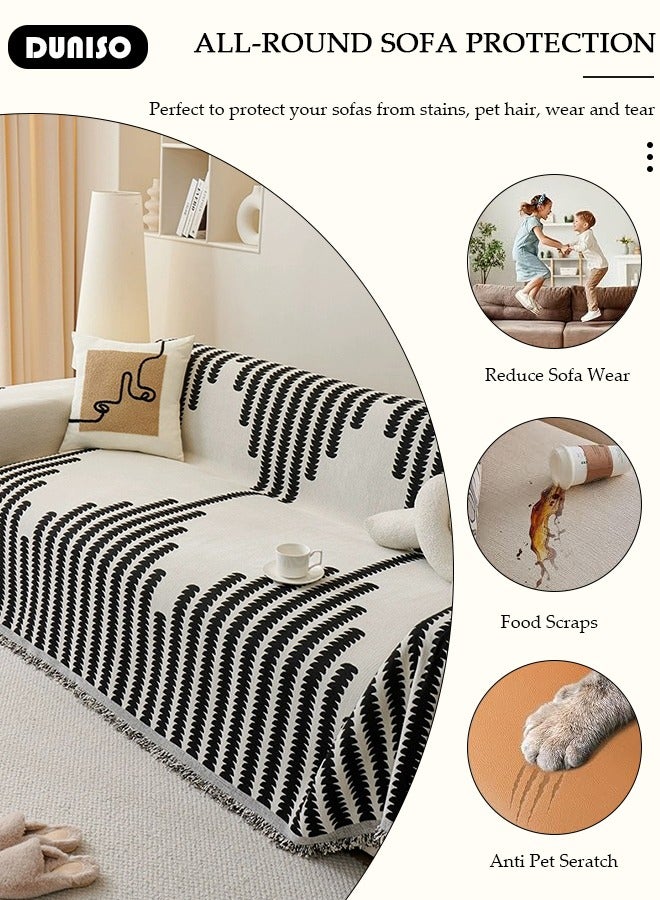 DUNISO غطاء أريكة شنيلا مزدوج الجوانب، غطاء أريكة أنيق، تصميم طباعة خطية، منشفة أريكة شنيلا مزدوجة الجوانب، غطاء أريكة شنيلا لأربعة مواسم متاح على الجانبين (130*180 سم) - Image 2