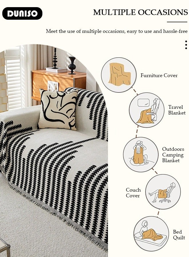 DUNISO غطاء أريكة شنيلا مزدوج الجوانب، غطاء أريكة أنيق، تصميم طباعة خطية، منشفة أريكة شنيلا مزدوجة الجوانب، غطاء أريكة شنيلا لأربعة مواسم متاح على الجانبين (130*180 سم) - Image 3