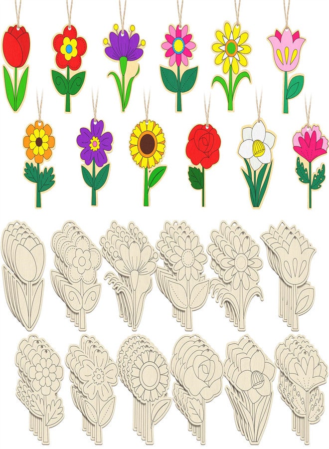KASTWAVE 48 Pcs Wooden Flowers Painting Craft Kit for Kids, Drawing DIY Blank Cutout Chips, Unfinished Wood Flowers Ornaments Spring Arts Wooden for Kids Hanging Decoration - Image 1