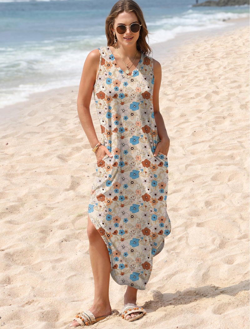 Sampeel Womens Summer Dresses 2025 Spring Fashion Sundresses Beach Vacation Clothes Cruise Outfits Floral Khaki M - Image 3
