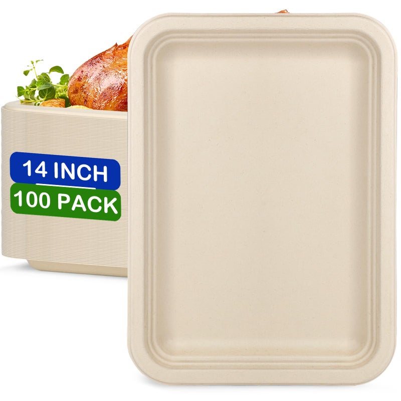 EcoAvance Large Paper Plates 14 Inch  100 Pack Disposable Trays  Heavy Duty Dinner Size  Eco-Friendly Compostable Biodegradable  Strong Sturdy Brown - Image 1