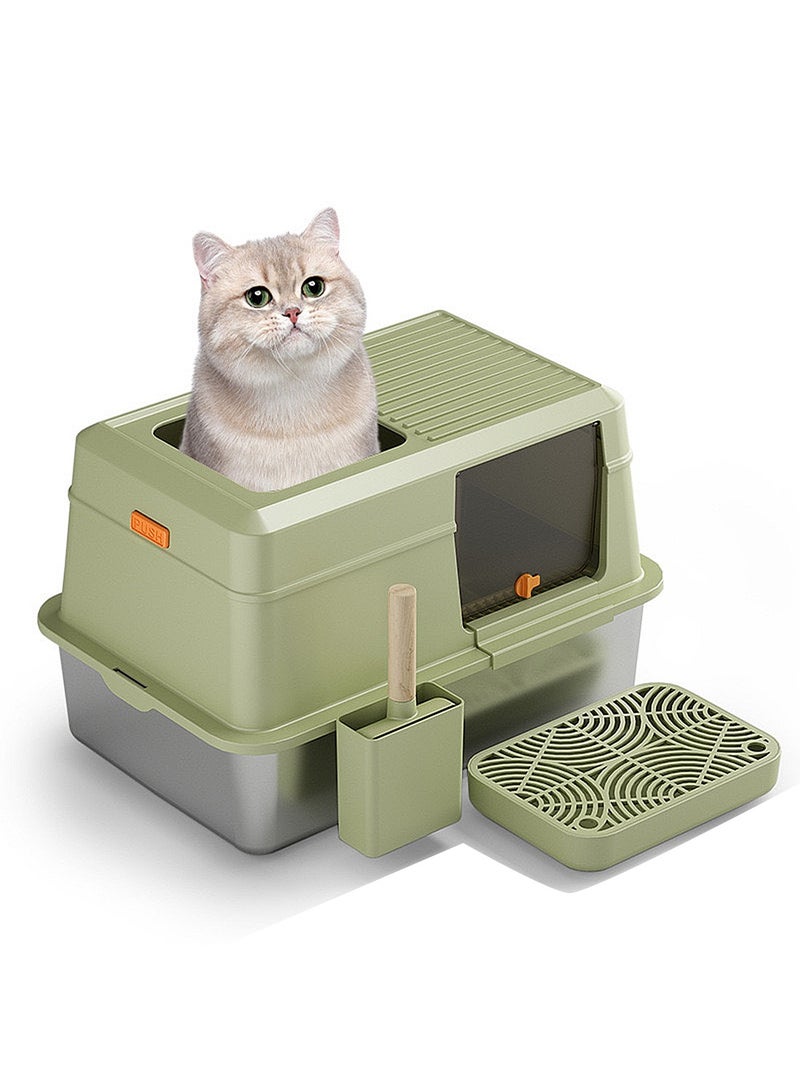 Kidle Closed Stainless Steel Pet Cat Litter Box Large Capacity Metal Cat Toilet Tray Garbage Room High Wall Side Panel With Cover 60*40*38CM - Image 1