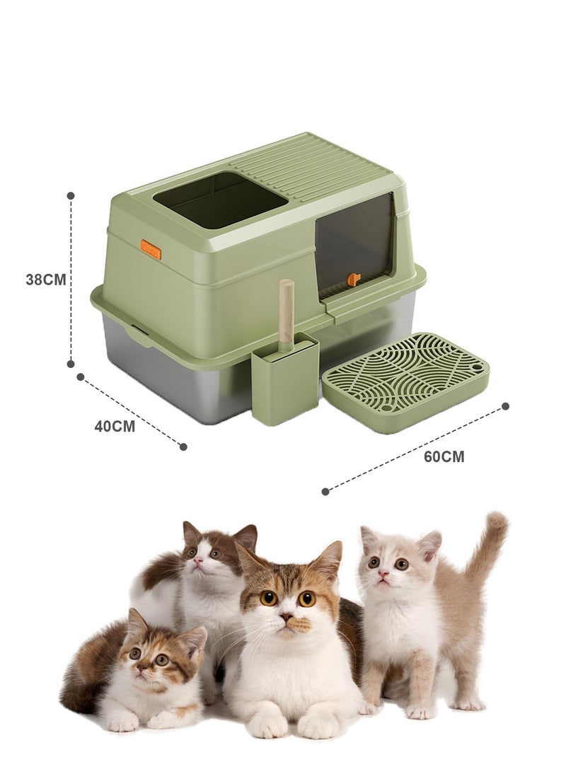 Kidle Closed Stainless Steel Pet Cat Litter Box Large Capacity Metal Cat Toilet Tray Garbage Room High Wall Side Panel With Cover 60*40*38CM - Image 3