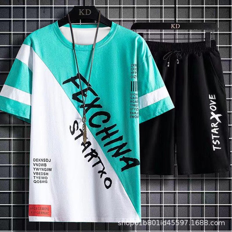 Casual Suit Men'S Thin Trendy Short-Sleeved T-Shirt Summer Student Youth Sports Shorts Two-Piece Set - Image 1