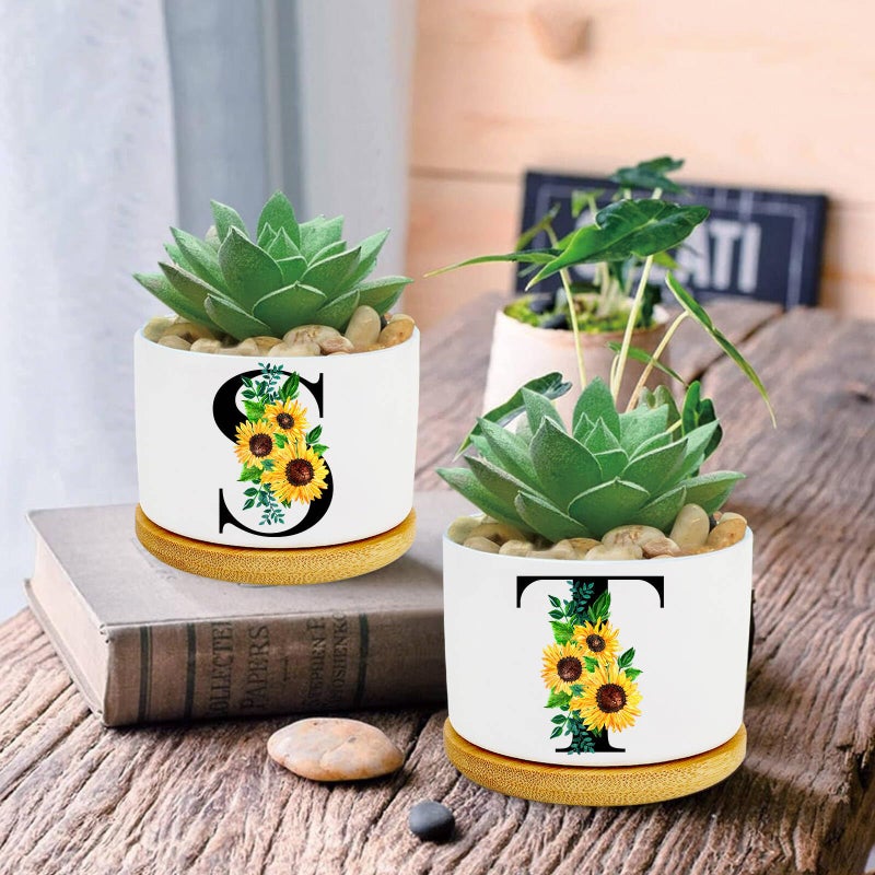 Ldntly Sunflower Succulent Plant Pots 3 Inch Ceramic Cactus Flower Pots Personalized Initials K Sunflower Gifts for Women Mom Sister,Birthday Housewarming,Wedding,Window Garden Desk Decor - Image 2