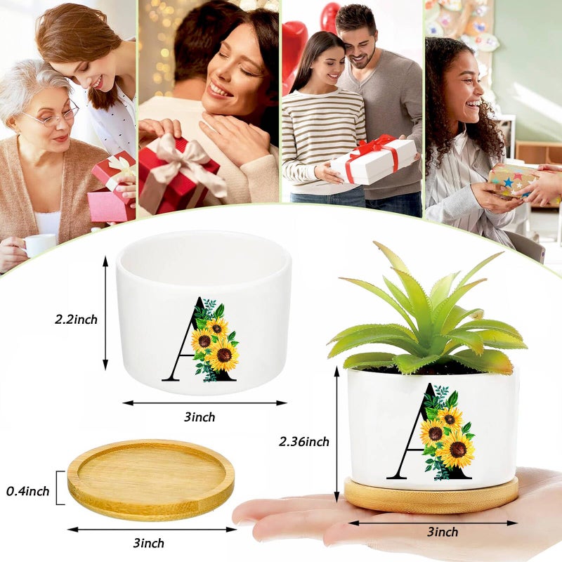 Ldntly Sunflower Succulent Plant Pots 3 Inch Ceramic Cactus Flower Pots Personalized Initials K Sunflower Gifts for Women Mom Sister,Birthday Housewarming,Wedding,Window Garden Desk Decor - Image 3