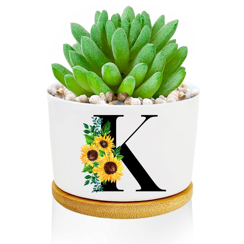 Ldntly Sunflower Succulent Plant Pots 3 Inch Ceramic Cactus Flower Pots Personalized Initials K Sunflower Gifts for Women Mom Sister,Birthday Housewarming,Wedding,Window Garden Desk Decor - Image 1