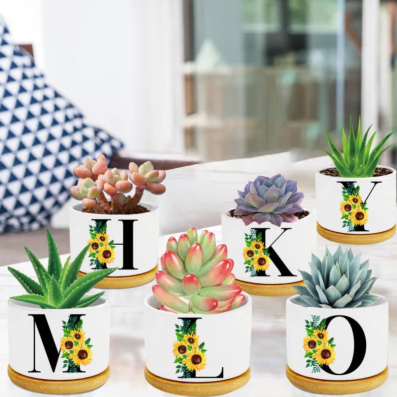 Ldntly Sunflower Succulent Plant Pots 3 Inch Ceramic Cactus Flower Pots Personalized Initials K Sunflower Gifts for Women Mom Sister,Birthday Housewarming,Wedding,Window Garden Desk Decor - Image 5