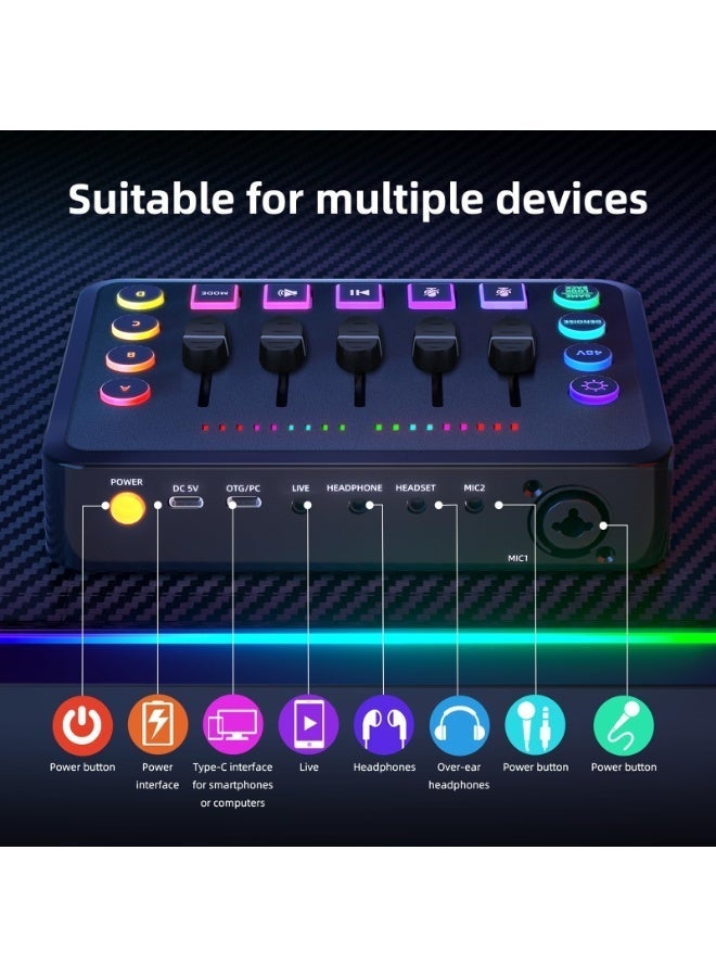 بطاقة صوت للألعاب F9، بطاقة صوت HD مع مدخل ميكروفون XLR، طاقة وهمية 48 فولت، واجهة USB قابلة للشحن، تأثيرات RGB للبث على OBS وTwitch وYouTube وTikTok - Image 3