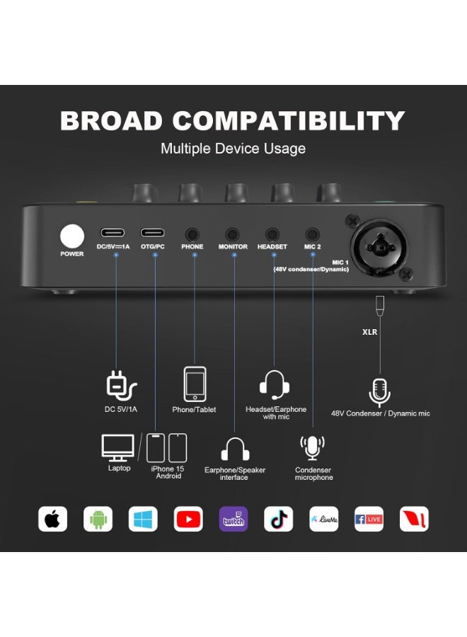 F9 Gaming Audio Mixer, HD Sound Card with XLR Mic Input, 48V Phantom Power, Rechargeable USB Interface, RGB Streaming Effects for OBS, Twitch, YouTube, TikTok - Image 5