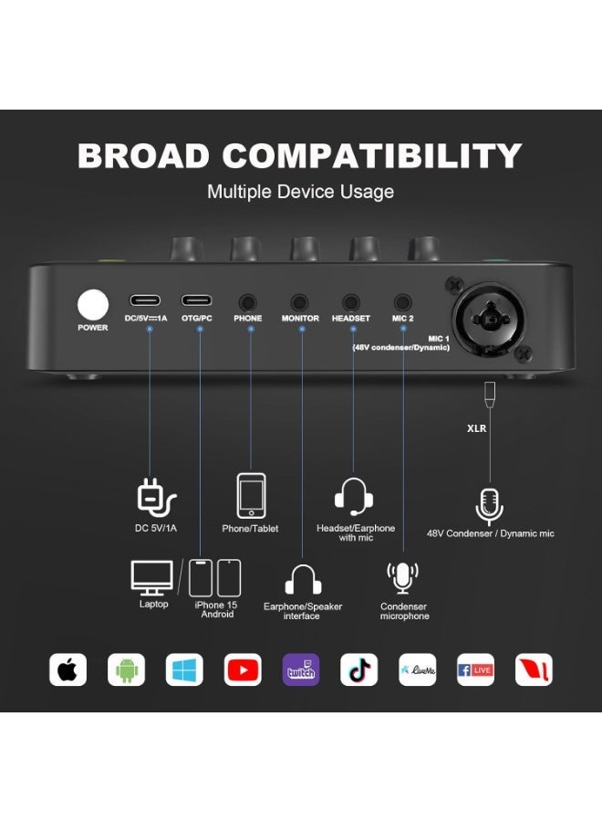 F9 Live Sound Card, Gaming Audio Mixer, Audio Mixer for Streaming, Streaming RGB PC Mixer with XLR Microphone Interface, Volume Fader, 48V Phantom Power, for Podcast/Recording/Game Voice/YouTube/TikTok/Vocal - Image 5