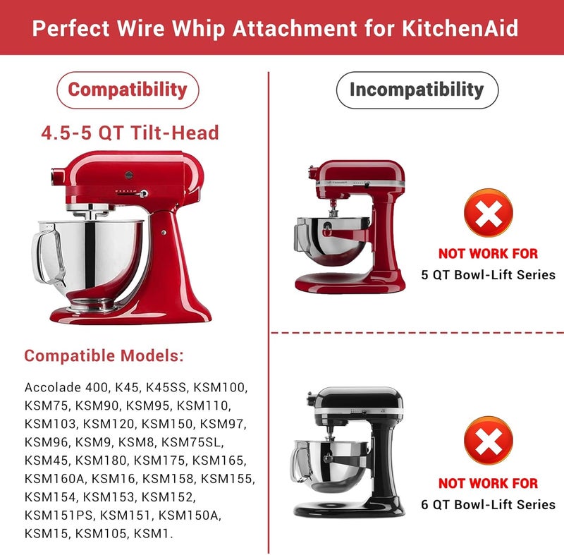 جلينك ملحق خفاقة سلكية لـ KitchenAid، ملحقات لخلاط KitchenAid سعة 4.5-5 كوارت من نوع الرأس المائل، بديل K45WW، بديل خفاقة 6 أسلاك، خفاقة للبيض والكريمة الثقيلة، لون فضي - Image 4