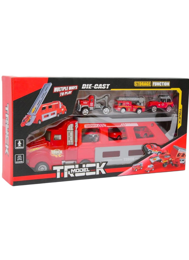 Toy Box - Diecast Container Truck With Fire Rescue Truck Toy For Kids - Image 1