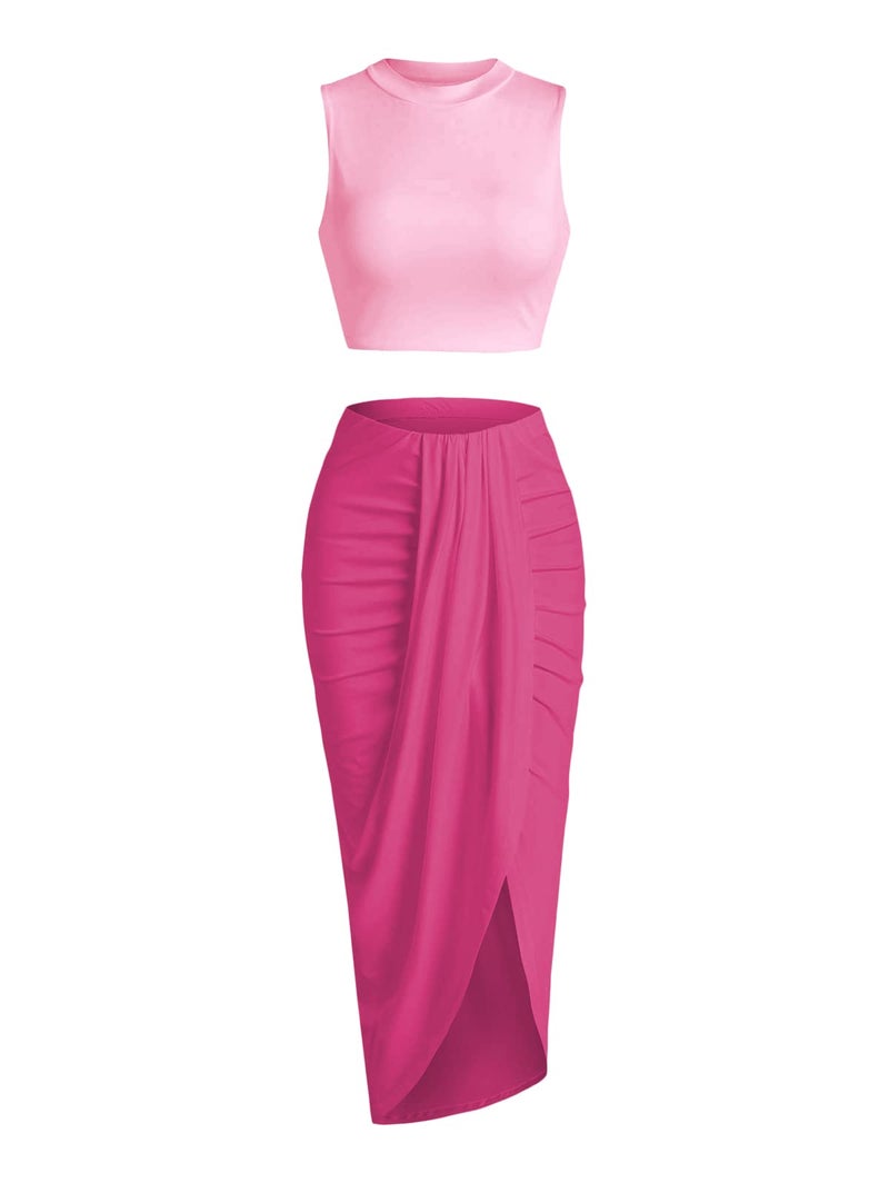 ZAFUL Women's Casual Sleeveless Summer Two Piece Outfits Crop Top and Side Split Draped Ruched Maxi Skirt Set Solid Suiting - Image 1