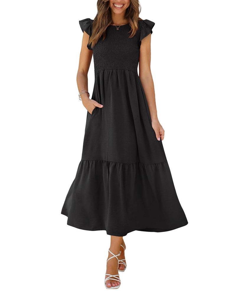OFEEFAN Maxi Dresses for Women Flutter Sleeve Summer Dresses 2025 with Pockets Black M - Image 1