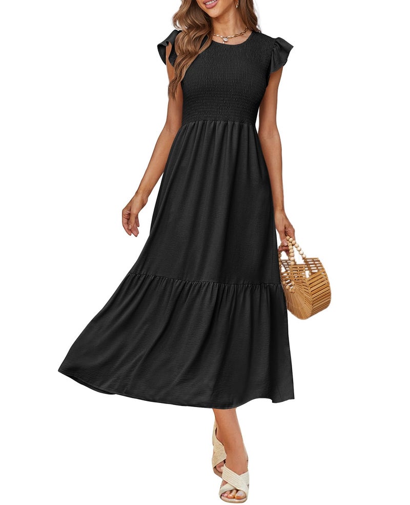 OFEEFAN Maxi Dresses for Women Flutter Sleeve Summer Dresses 2025 with Pockets Black M - Image 3