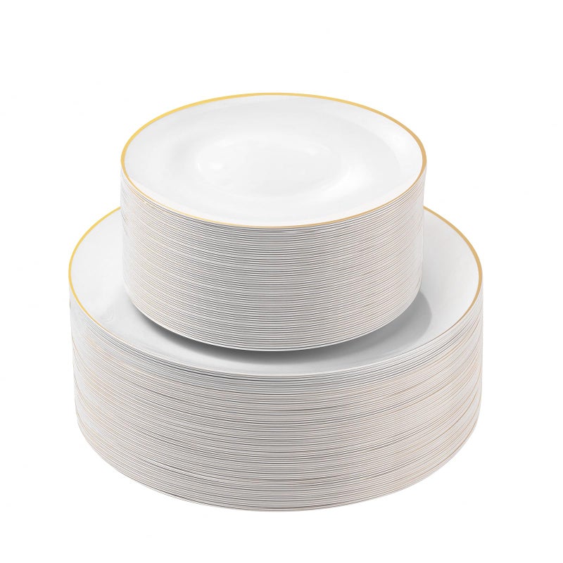 Bestluck 100PCS White Plastic Plates with Gold Trim  White Gold Disposable Plates for Party  Include 50 Dinner Plates  50 Dessert Plates for 50 Guests - Image 1