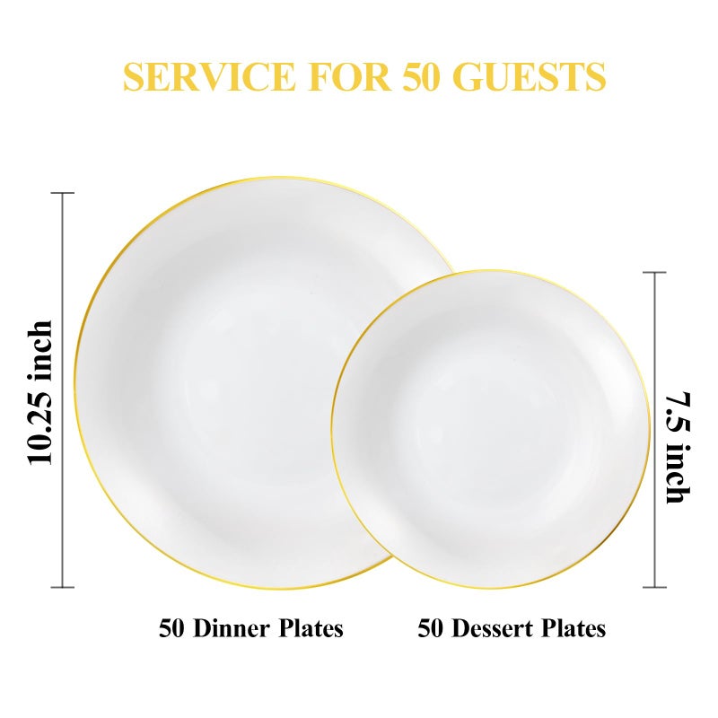 Bestluck 100PCS White Plastic Plates with Gold Trim  White Gold Disposable Plates for Party  Include 50 Dinner Plates  50 Dessert Plates for 50 Guests - Image 2