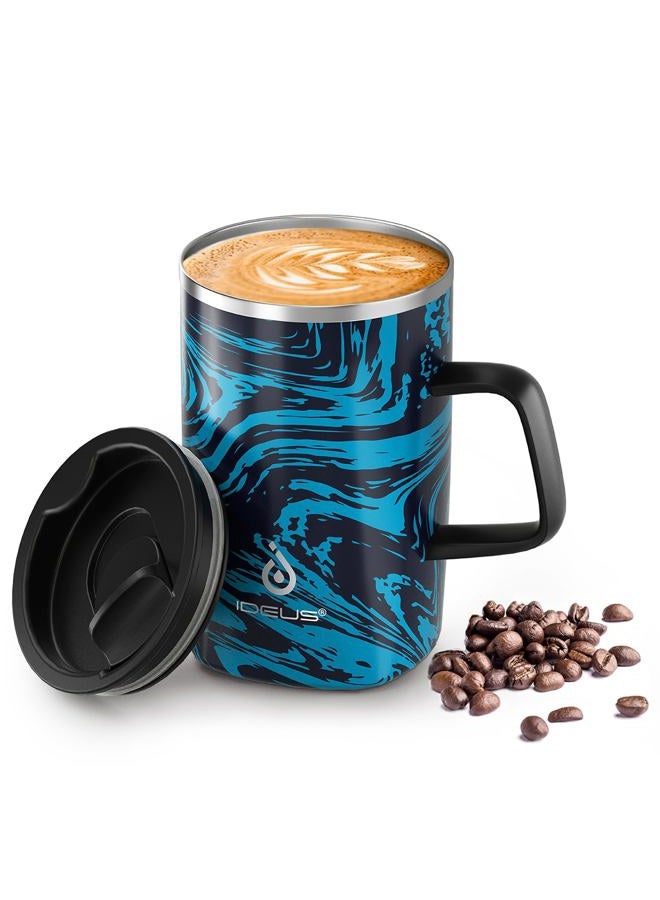 ideus Vacuum Insulated Coffee Mug, 16oz Reusable Stainless Steel Thermal Double Walled cup with Handle and Slider Lid for Hot & Cold Beverages, BPA Free (Blue Zebra) - Image 1