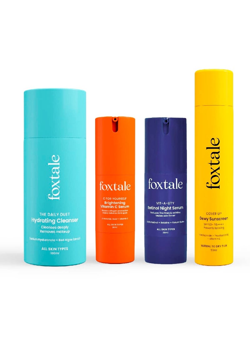 foxtale Foxtale Skin Care Kit Retinol Night Serum 30ml Vitamin C Face Serum 30ml Cleanser Face Wash 100ml Dewy Finish Sunscreen 50ml - Image 1