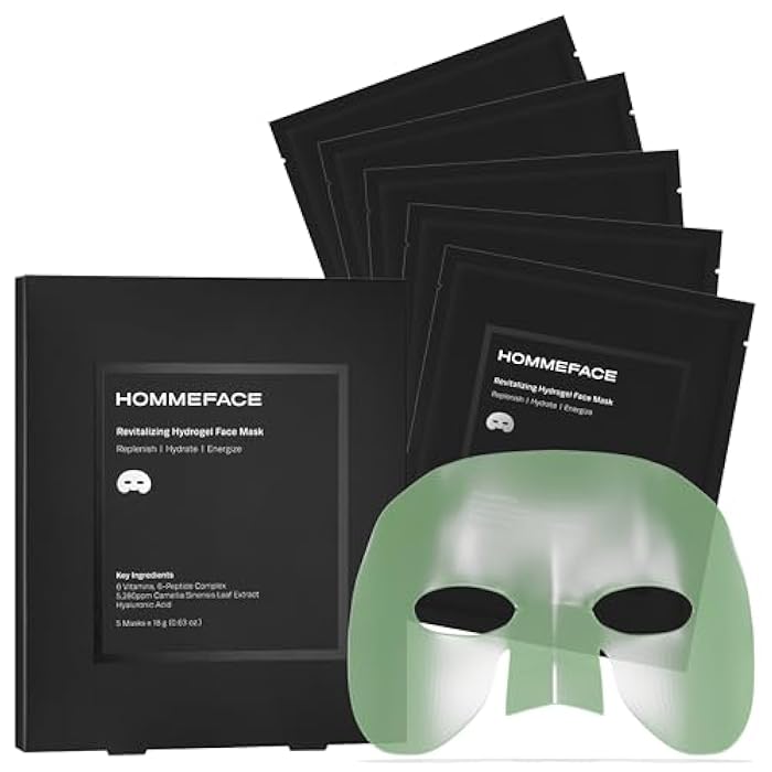 HOMMEFACE مجموعة أقنعة الوجه الهيدروجيل المنشطة للرجال من هوم فيس (5 قطع) - مرطبة، صديقة لللحية، مضادة للشيخوخة، أقنعة وجه مهدئة - تقنية العناية بالبشرة الكورية مع حمض الهيالورونيك، الفيتامينات والببتيدات - Image 1