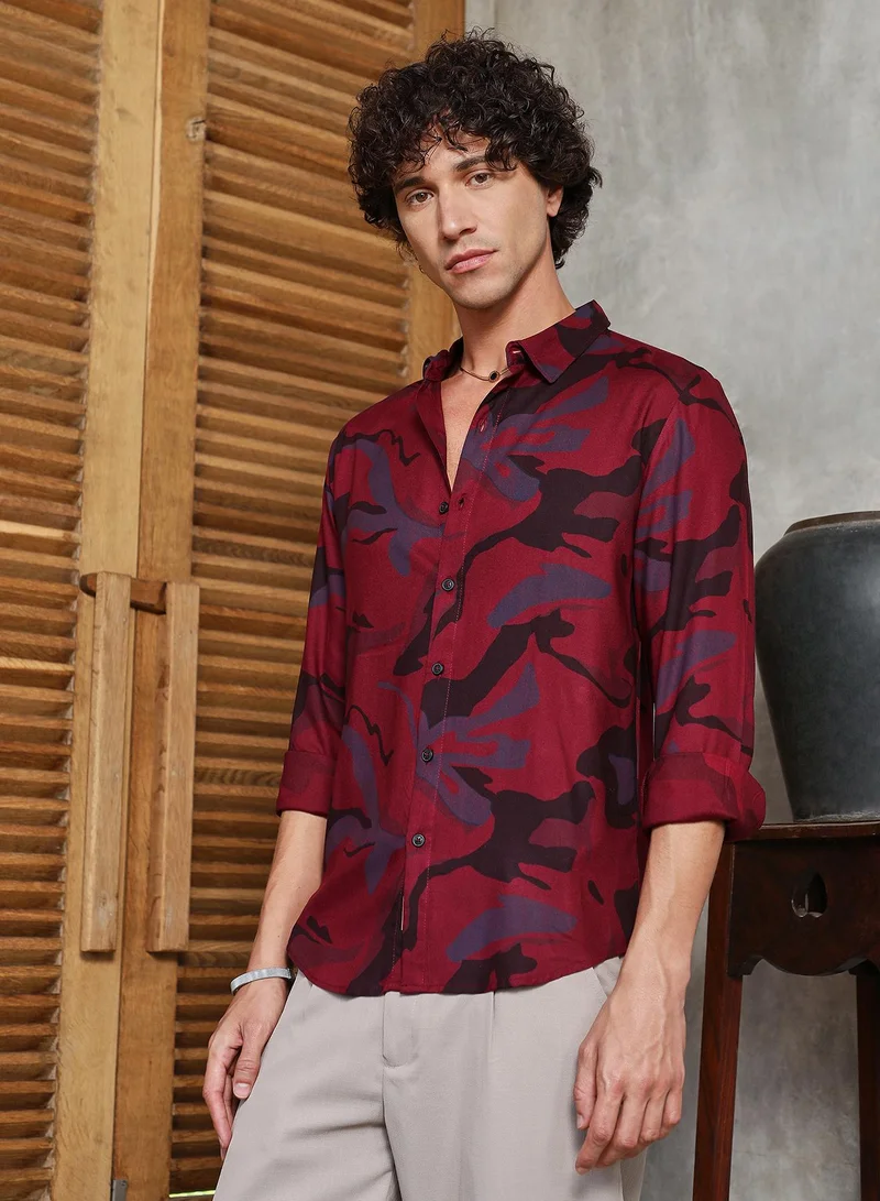 Campus Sutra Men's Crimson Red Flowing Vines Shirt