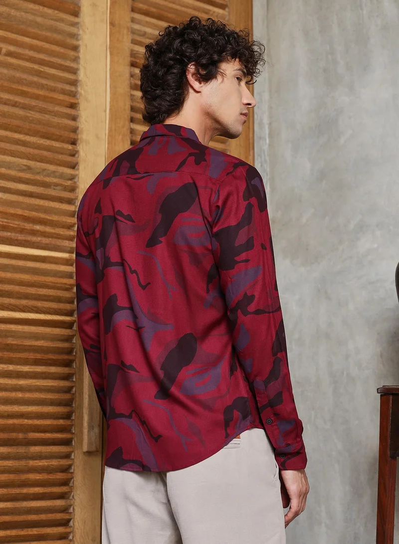 Campus Sutra Men's Crimson Red Flowing Vines Shirt