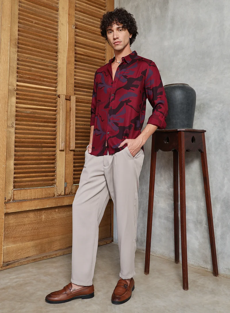 Campus Sutra Men's Crimson Red Flowing Vines Shirt
