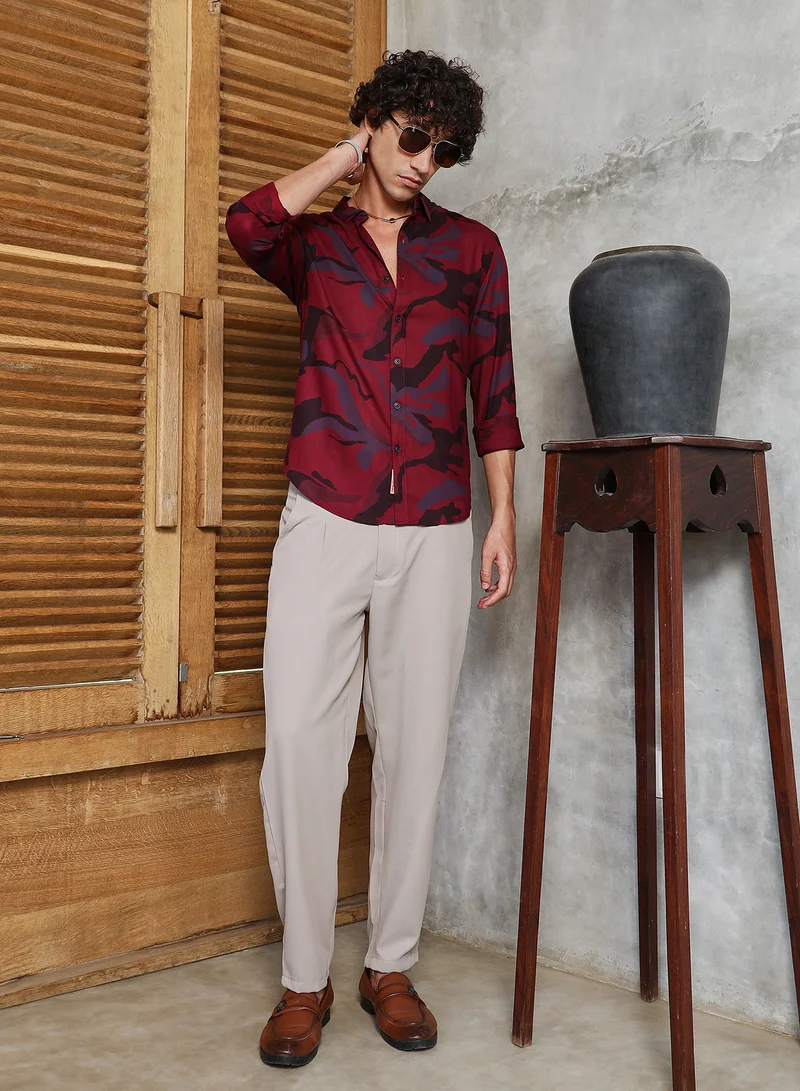 Campus Sutra Men's Crimson Red Flowing Vines Shirt