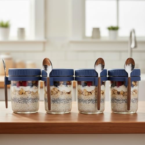 Ash  Roh Ash & Roh Overnight Oats Containers with Lids and Spoons 350 ml Glass Mason Jars for Overnight Oats Leak Proof Oatmeal Container Great for Cereal Fruit Vegetable Milk Salad Yogurt (Blue 4) - Image 1