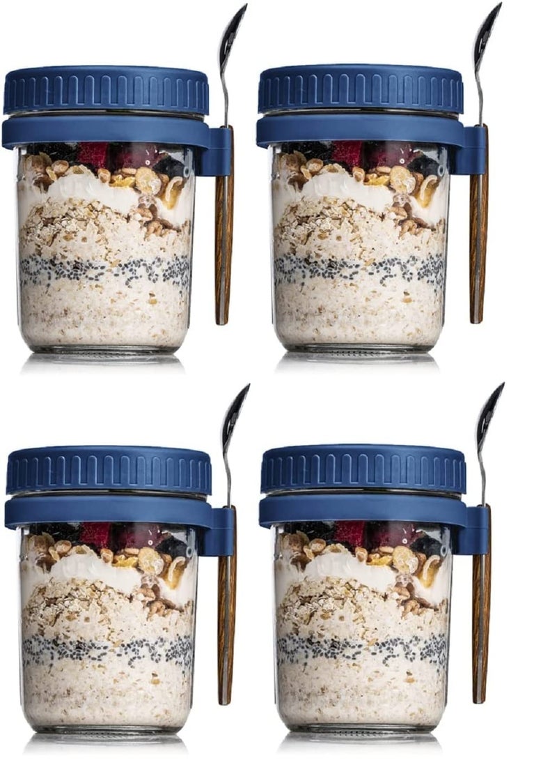 Ash  Roh Ash & Roh Overnight Oats Containers with Lids and Spoons 350 ml Glass Mason Jars for Overnight Oats Leak Proof Oatmeal Container Great for Cereal Fruit Vegetable Milk Salad Yogurt (Blue 4) - Image 3
