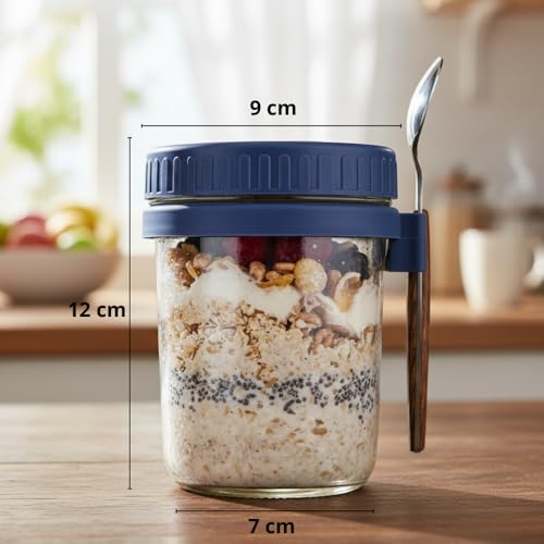 Ash  Roh Ash & Roh Overnight Oats Containers with Lids and Spoons 350 ml Glass Mason Jars for Overnight Oats Leak Proof Oatmeal Container Great for Cereal Fruit Vegetable Milk Salad Yogurt (Blue 4) - Image 2