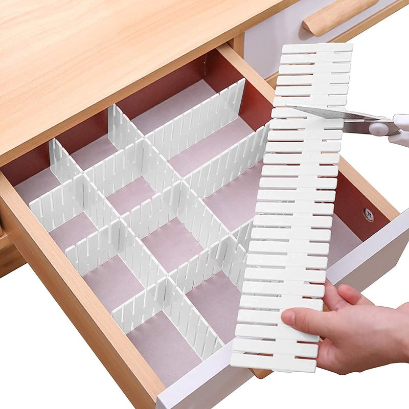 Kitchenwell 8 Pcs Adjustable Stretchable Interlocking Drawer Clapboard DividerGrid Closet Sorting PartitionPlastic Strips Separators Cabinet Storage Box SocksMakeup1 Set of 8 PcsWhite - Image 1