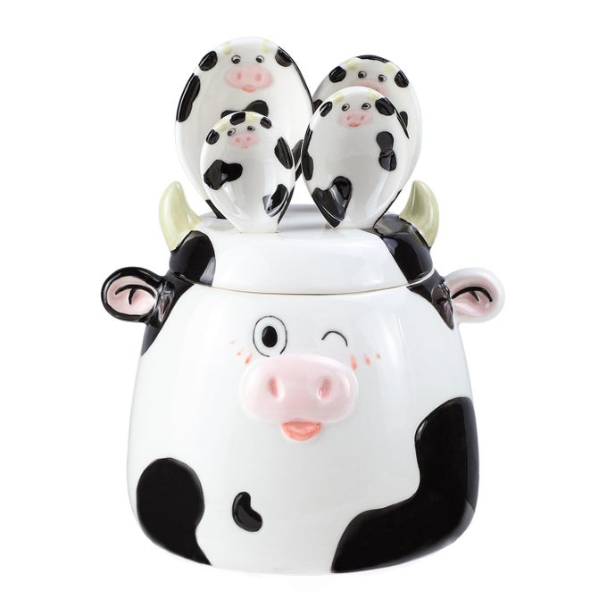 CERAMIC COW PATTERN MEASURING SPOONS SET FOR DRY OR LIQUID WITH MEASURING CUP SET 4 PCS KITCHEN MEASURING BAKING SPOONS COOKING MEASURING SPOONS FOR KITCHEN BAKING TOOL UTENSIL SET