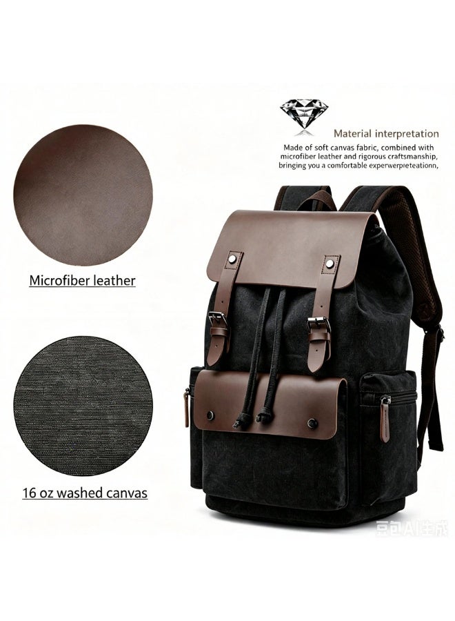 Vintage Canvas Backpack for Men Women, 16oz Washed Canvas Leather Trim Rucksack, Large Capacity Casual Daypack for Travel School Work Outdoor, Water Resistant Retro Laptop Backpack - Image 2