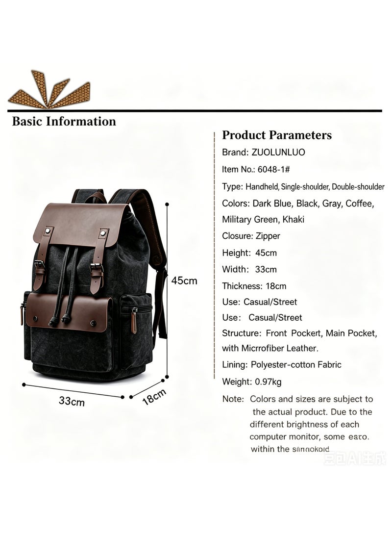 Vintage Canvas Backpack for Men Women, 16oz Washed Canvas Leather Trim Rucksack, Large Capacity Casual Daypack for Travel School Work Outdoor, Water Resistant Retro Laptop Backpack - Image 3