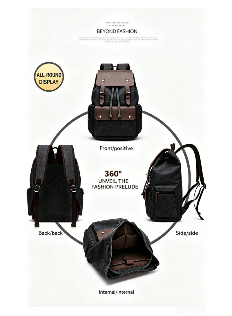 Vintage Canvas Backpack for Men Women, 16oz Washed Canvas Leather Trim Rucksack, Large Capacity Casual Daypack for Travel School Work Outdoor, Water Resistant Retro Laptop Backpack - Image 4