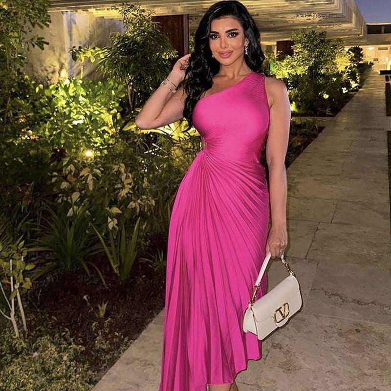 New Fashion Shoulder Diagonal Collar Pleated Hollow Waist Dress Elegant Party Dress Women - Image 2