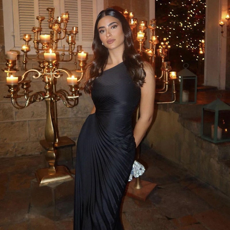 New Fashion Shoulder Diagonal Collar Pleated Hollow Waist Dress Elegant Party Dress Women - Image 4
