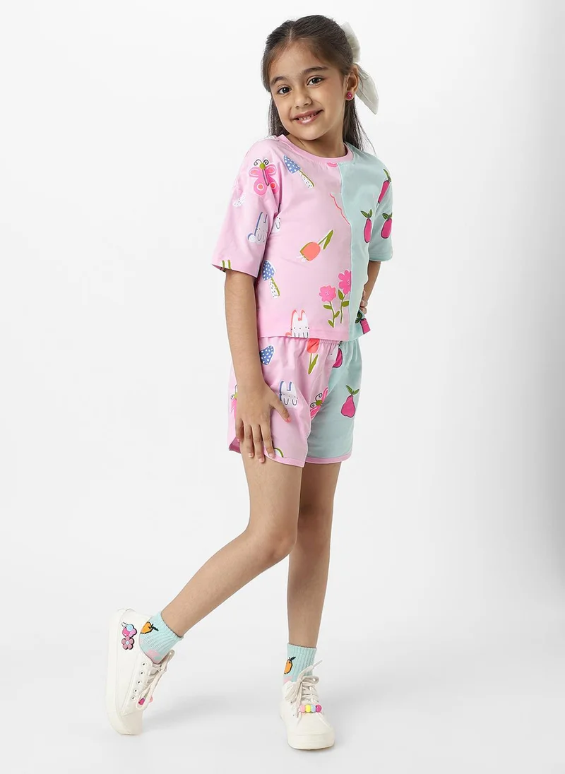 نوتيناتي طقم بناتي قطن % بألوان متدرجة من تيشيرت برسومات وشورت