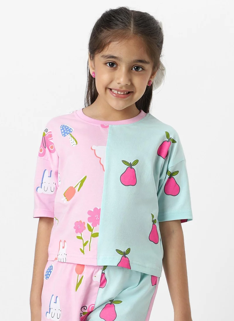 Nautinati Nautinati Girls' Pink and Blue 100% Cotton Colourblock Combo Set of Graphic T-shirt and Shorts