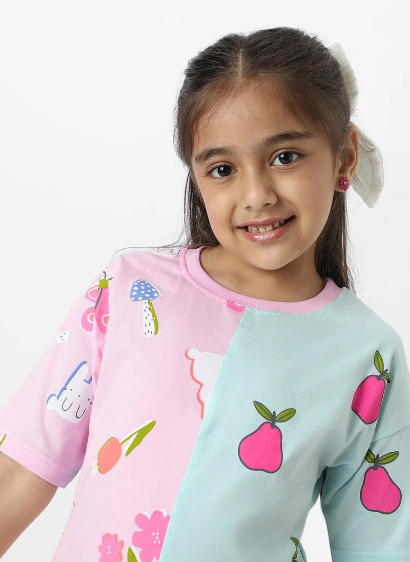 Nautinati Nautinati Girls' Pink and Blue 100% Cotton Colourblock Combo Set of Graphic T-shirt and Shorts